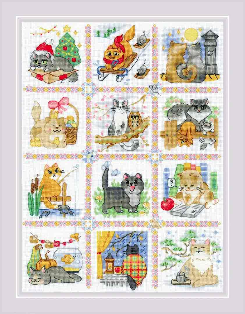 A stitched preview of Cat Calendar Counted Cross Stitch Kit