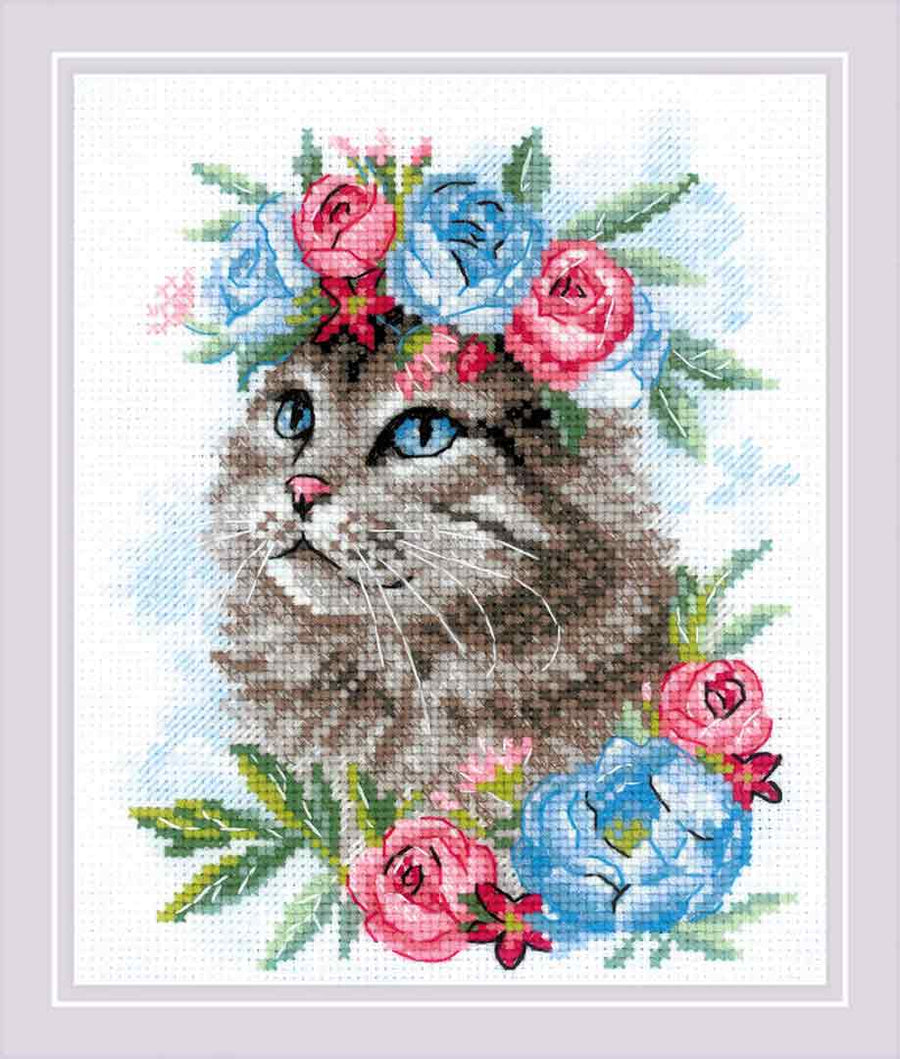 A stitched preview of Cat In Flowers Counted Cross Stitch Kit