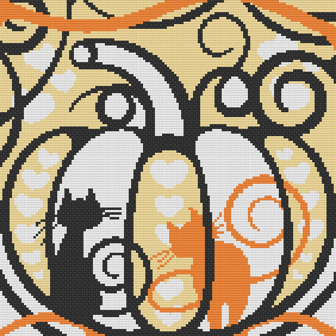 Stitched preview of Cats In A Pumpkin Counted Cross Stitch Pattern and Kit