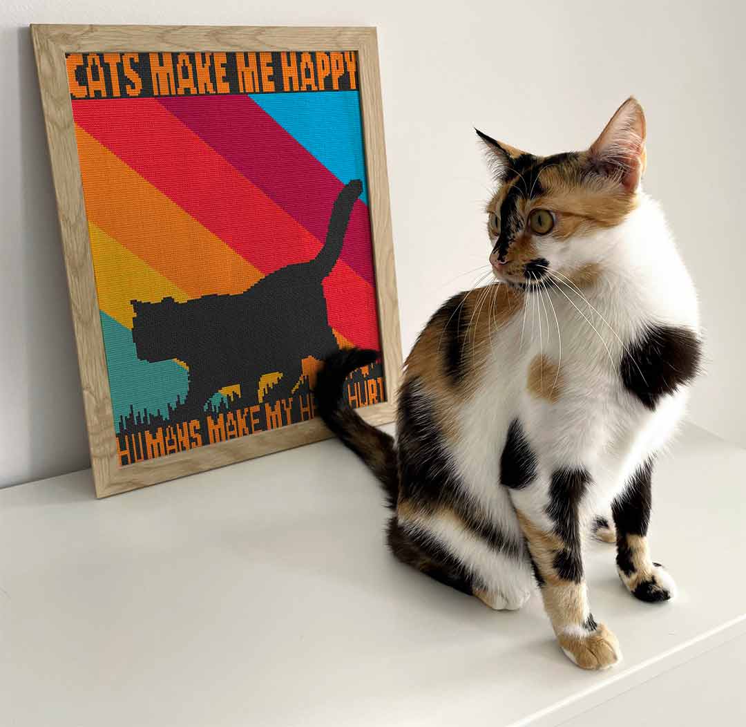 Stitched and framed preview of Cats Make Me Happy Counted Cross Stitch Pattern And Kit