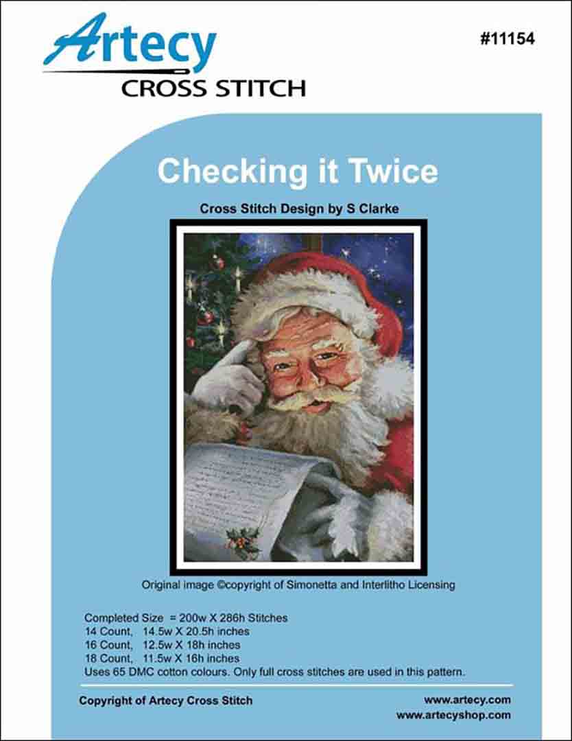 An image of the cover of the counted cross stitch pattern Checking It Twice by Artecy Cross Stitch