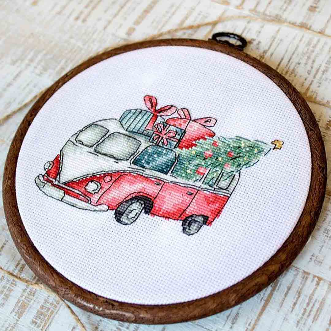 Stitched preview of Christmas Retro Cars Set of 5 Counted Cross Stitch Kit