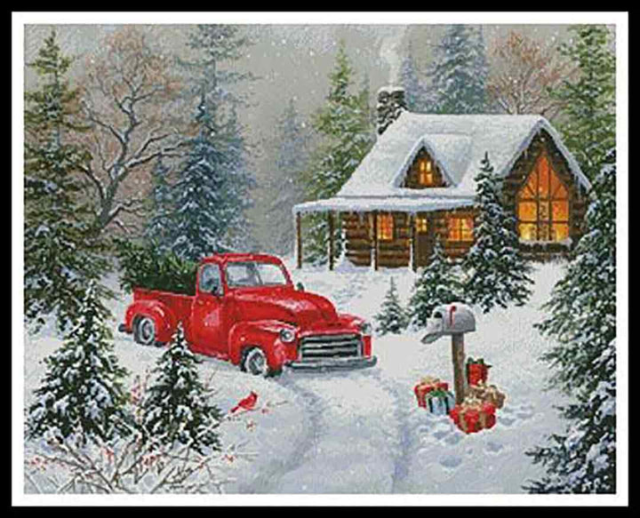 A stitched preview of the counted cross stitch pattern Christmas Tree Cabin by Artecy Cross Stitch
