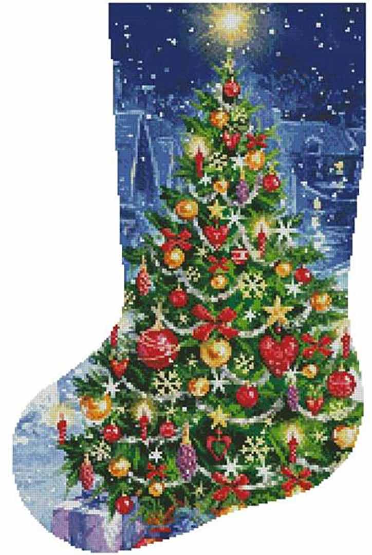 A stitched preview of the counted cross stitch pattern Christmas Tree Stocking by Artecy Cross Stitch