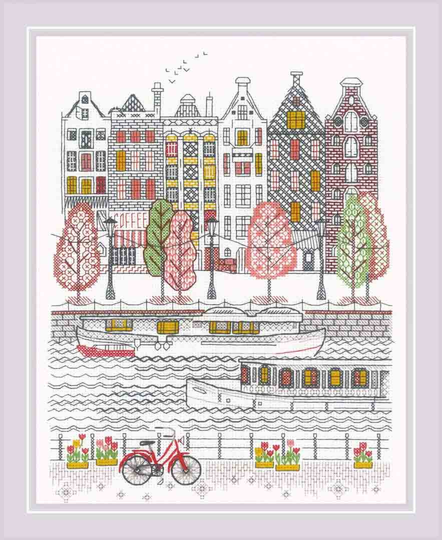 A stitched preview of City On Water Counted Cross Stitch Kit