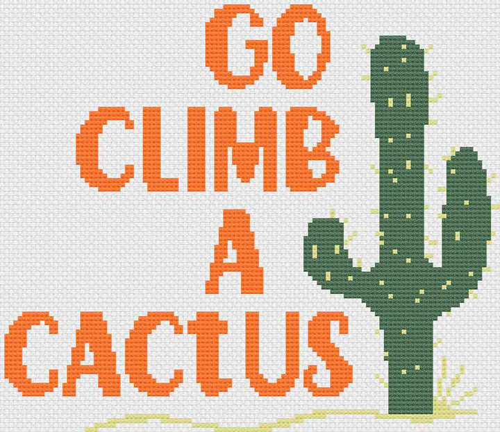 A stitched preview of the counted cross stitch pattern Climb A Cactus: Counted Cross Stitch Pattern and Kit