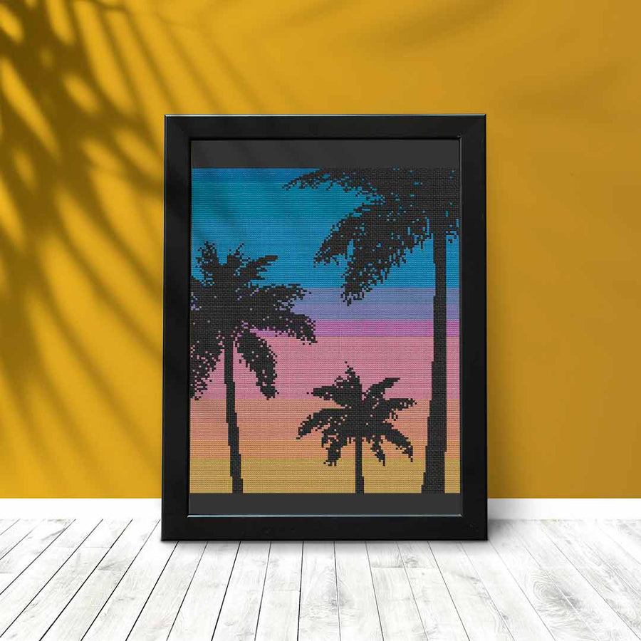 Stitched and framed preview of Coconut Sunset Counted Cross Stitch Pattern and Kit