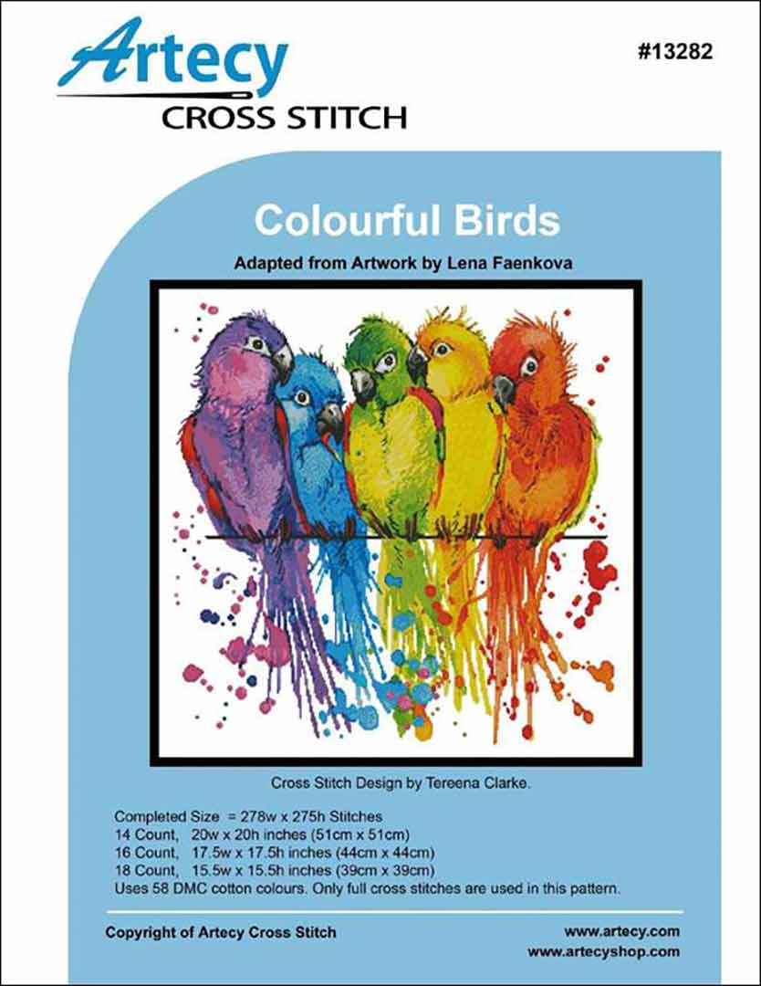 An image of the cover of the counted cross stitch pattern Colourful Birds by Artecy Cross Stitch