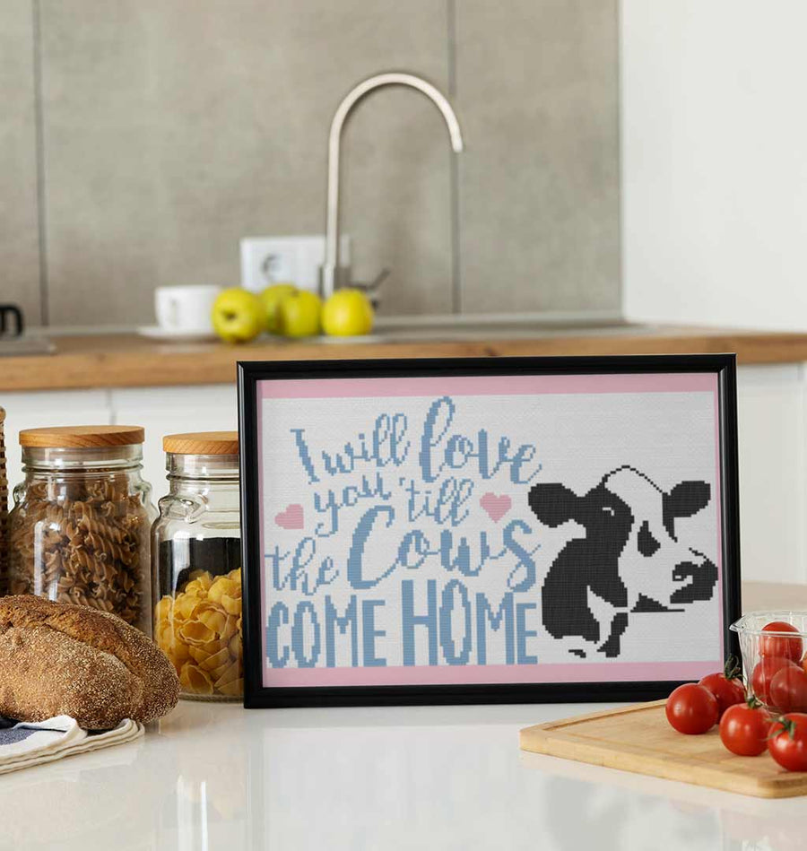 Stitched and framed preview of Cows Come Home Counted Cross Stitch Pattern and Kit