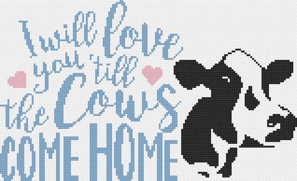 Stitched preview of Cows Come Home Counted Cross Stitch Pattern and Kit