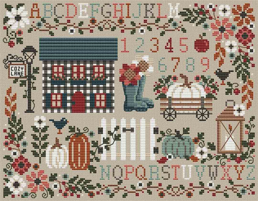 An image of a stitched preview of the counted cross stitch pattern Cozy Lane Sampler by Erin Elizabeth Designs