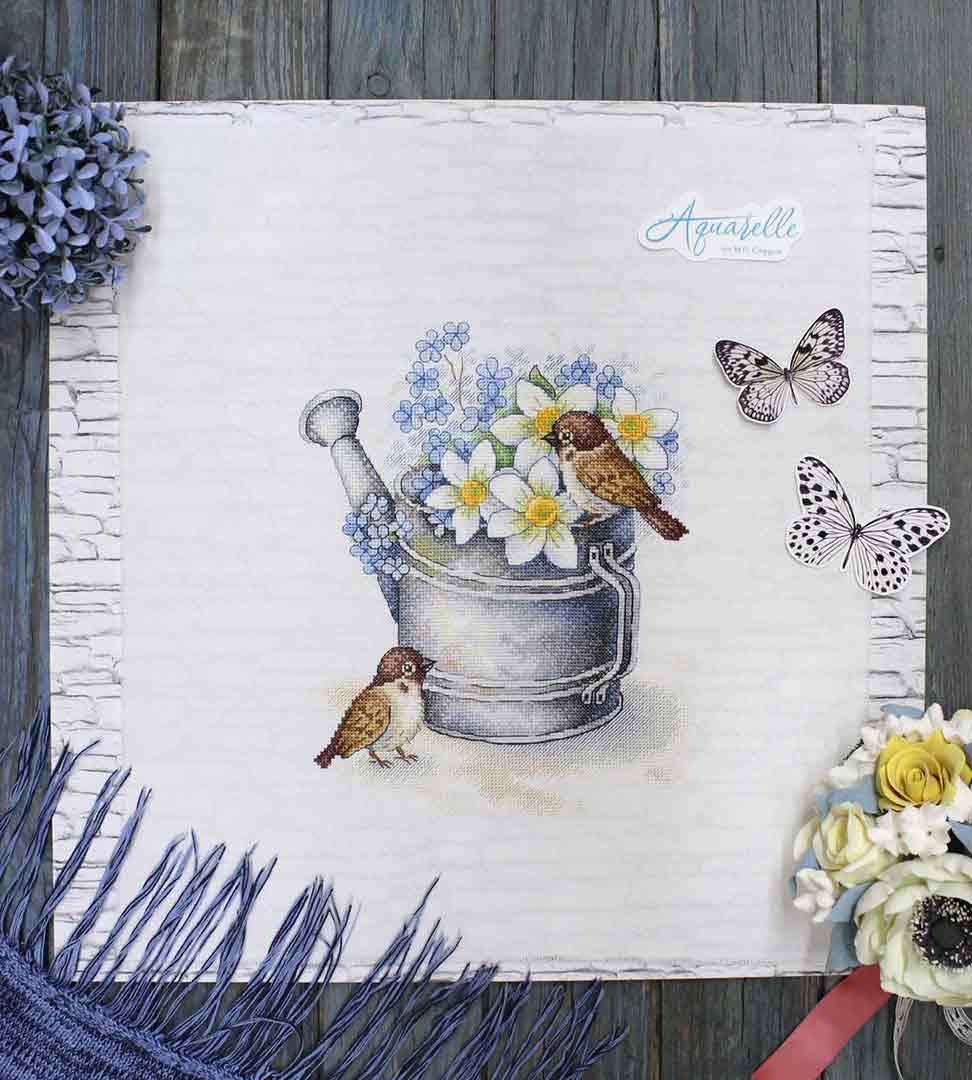 Stitched preview of Daffodil Lovers Counted Cross Stitch Kit