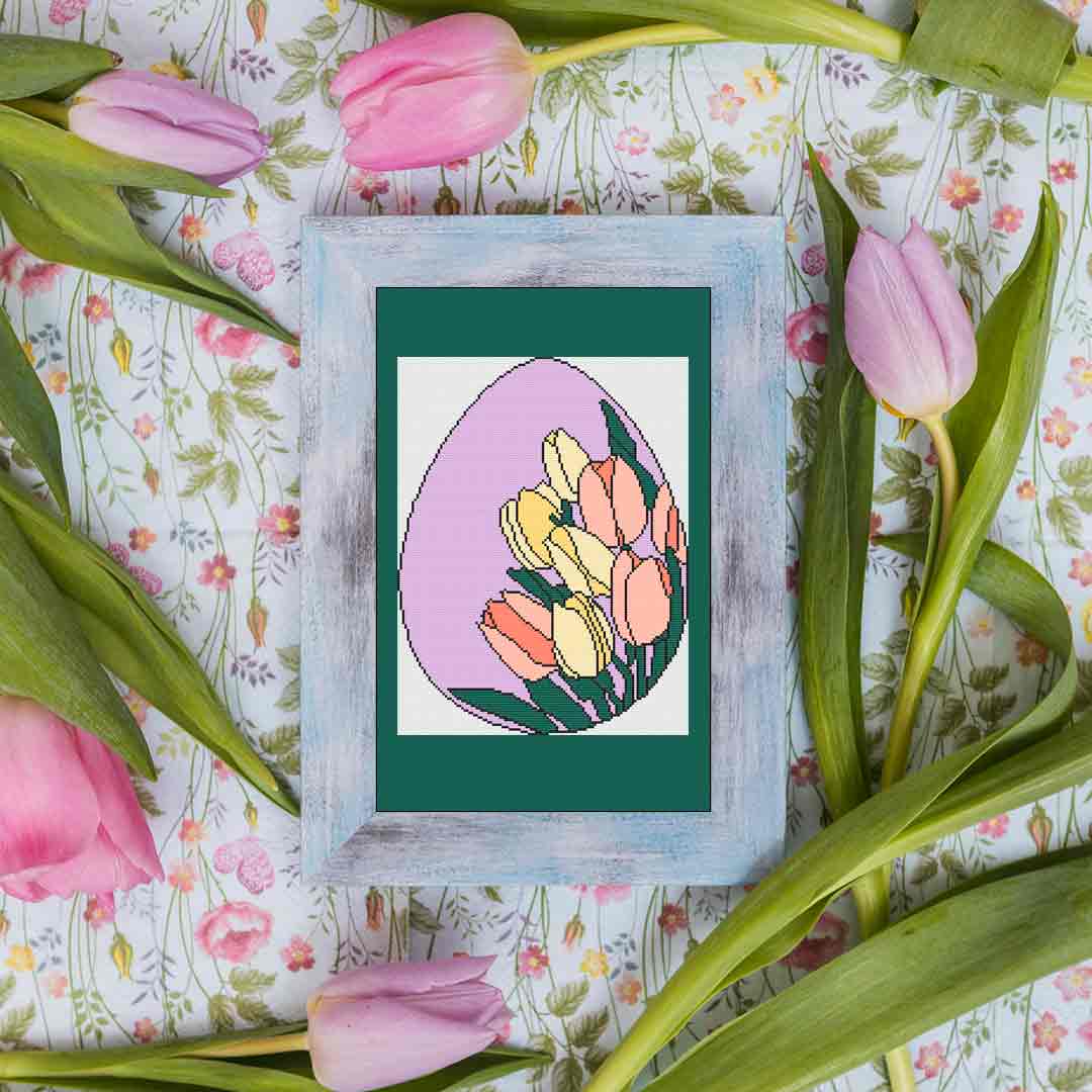 A stitched preview of the counted cross stitch pattern and kit Easter Tulips by Stitch Wit