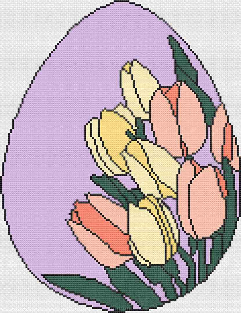 A stitched preview of the counted cross stitch pattern and kit Easter Tulips by Stitch Wit