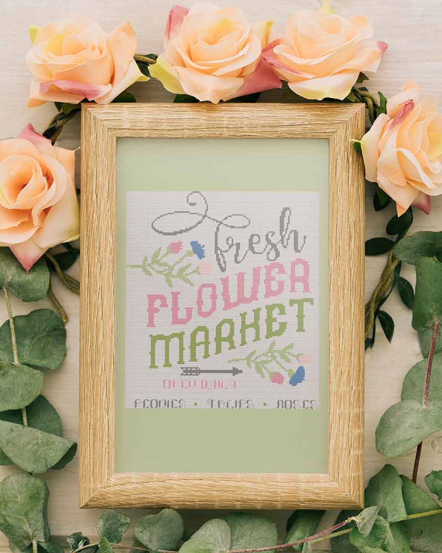 A stitched preview of the counted cross stitch pattern and kit "Flower Market" by Stitch Wit