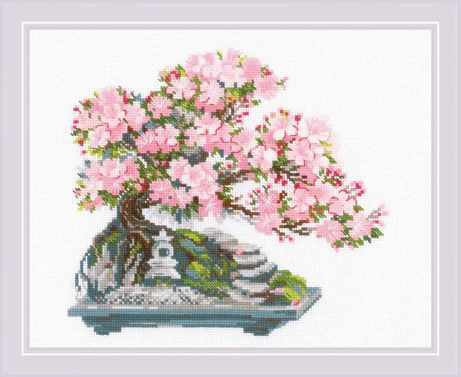 A stitched preview of Flowering Bonsai Counted Cross Stitch Kit
