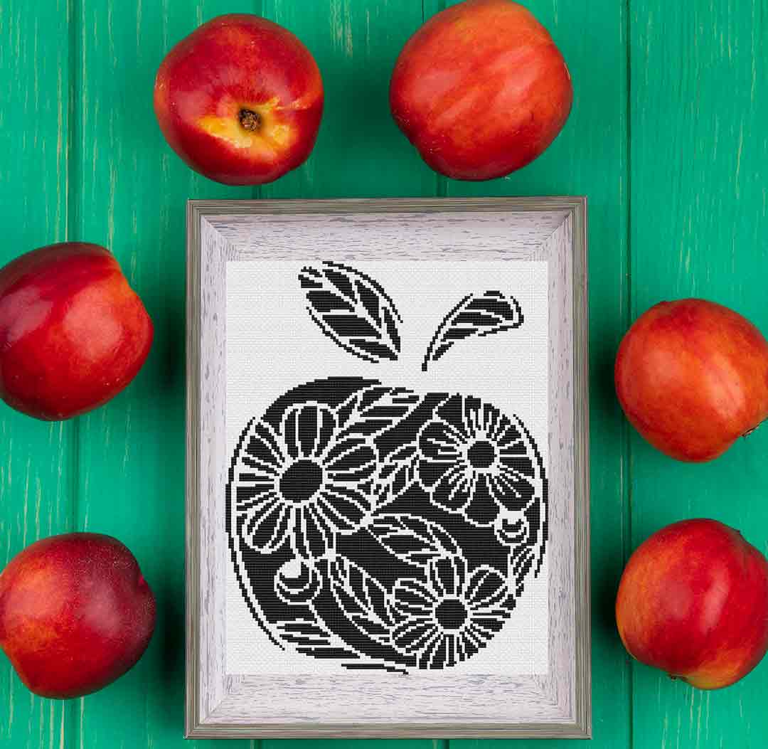 A stitched preview of the counted cross stitch pattern and kit "Apples'n'Flowers" by Stitch Wit