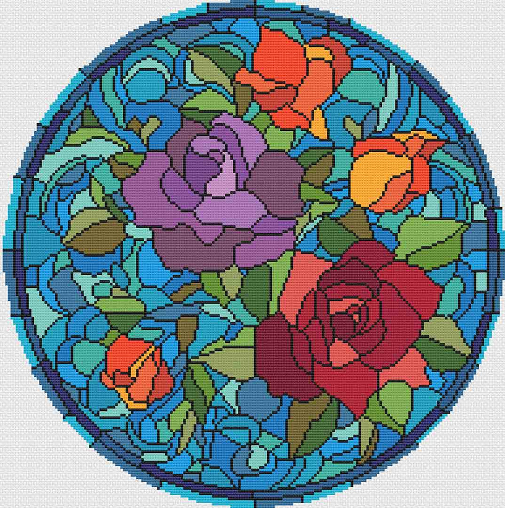 A stitched preview of Stained Glass Flowers: Counted Cross Stitch Pattern and Kit