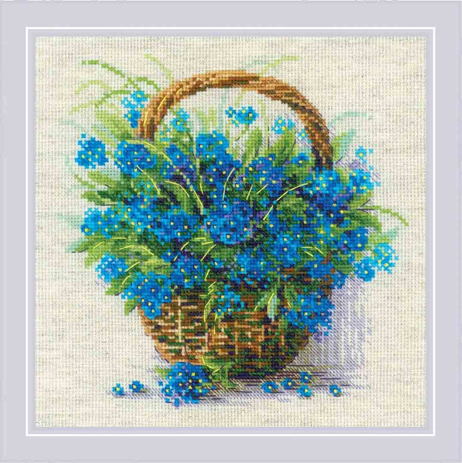 A stitched preview of Forget Me Nots In A Basket Counted Cross Stitch Kit