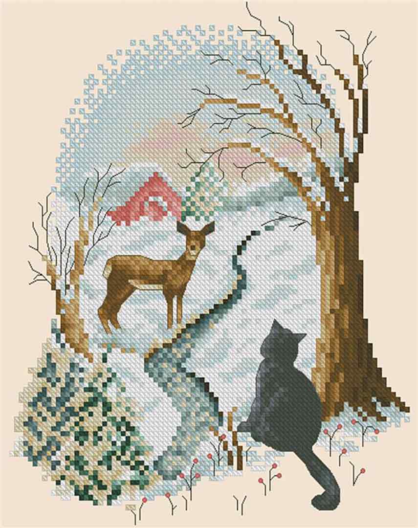 A stitched preview of the counted cross stitch pattern Four Seasons Cats Winter Watch by Kitty & Me Designs