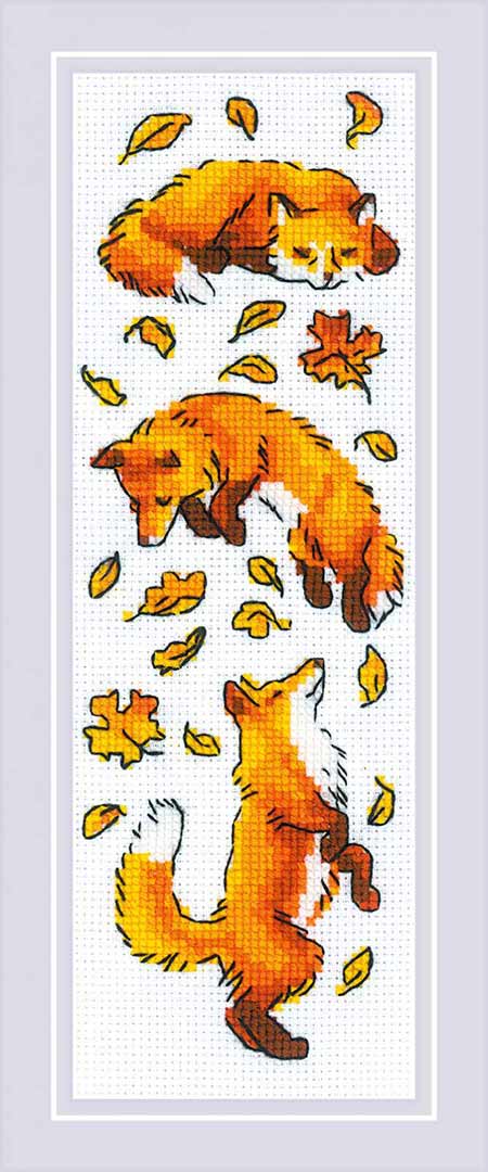 A stitched preview of Foxes In Leaves Counted Cross Stitch Kit