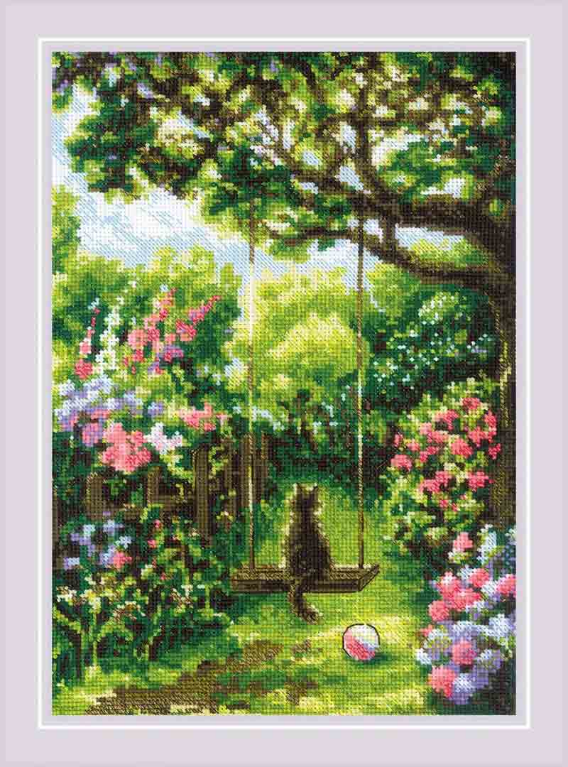 A stitched preview of Garden Swing Counted Cross Stitch Kit