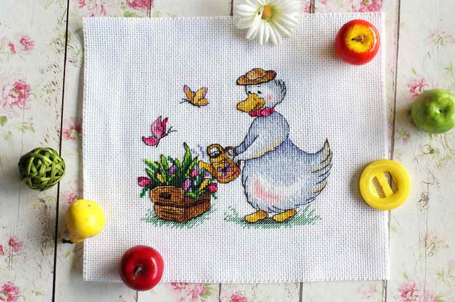 Stitched preview of Gardening Counted Cross Stitch Kit