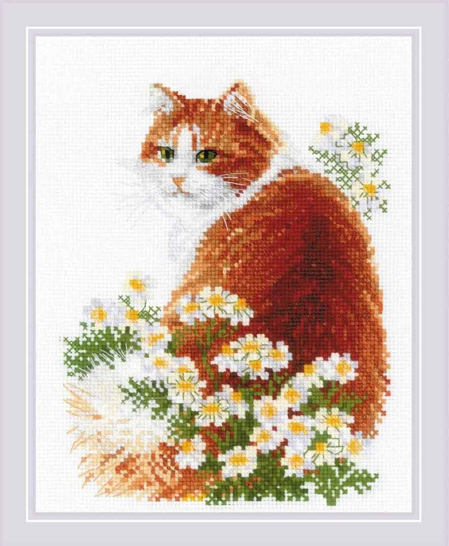 A stitched preview of Ginger Meow Counted Cross Stitch Kit