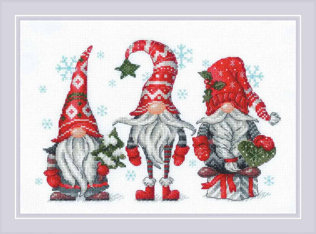 A stitched preview of Gnomes Counted Cross Stitch Kit