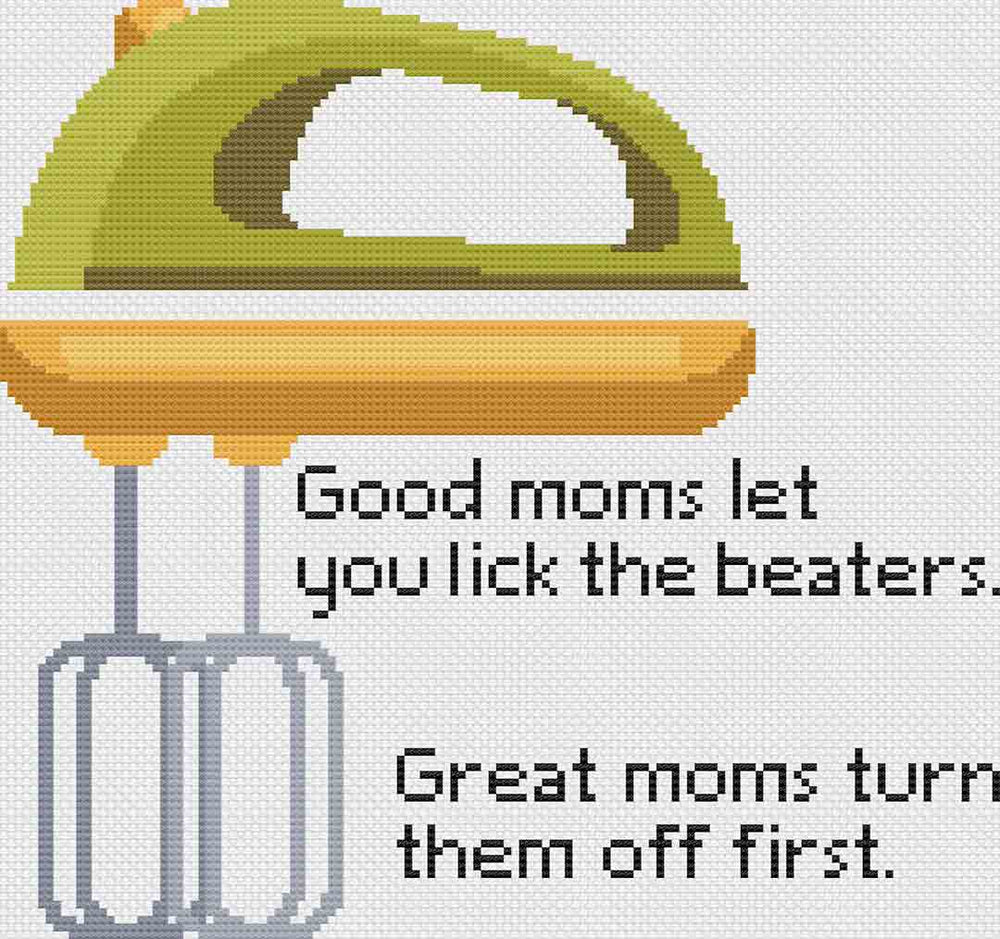 A stitched preview of Good Moms: Counted Cross Stitch Pattern and Kit