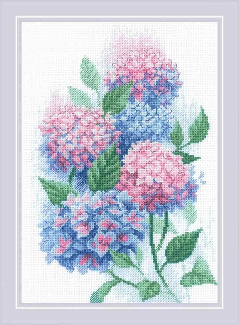 A stitched preview of Graceful Hydrangeas Counted Cross Stitch Kit