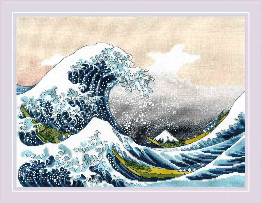 A stitched preview of The Great Wave Off Kanagawa After K. Hokusai Artwork Counted Cross Stitch Kit