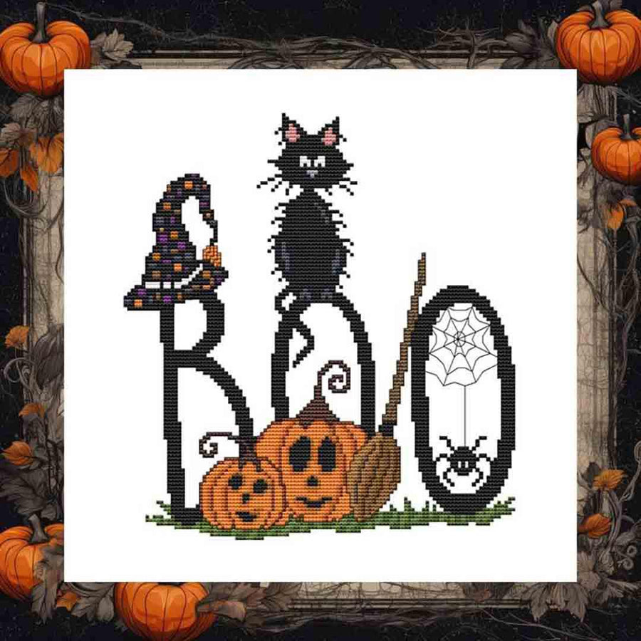 Image of a stitched preview of the counted cross stitch pattern Halloween Boo by Marcia Manning