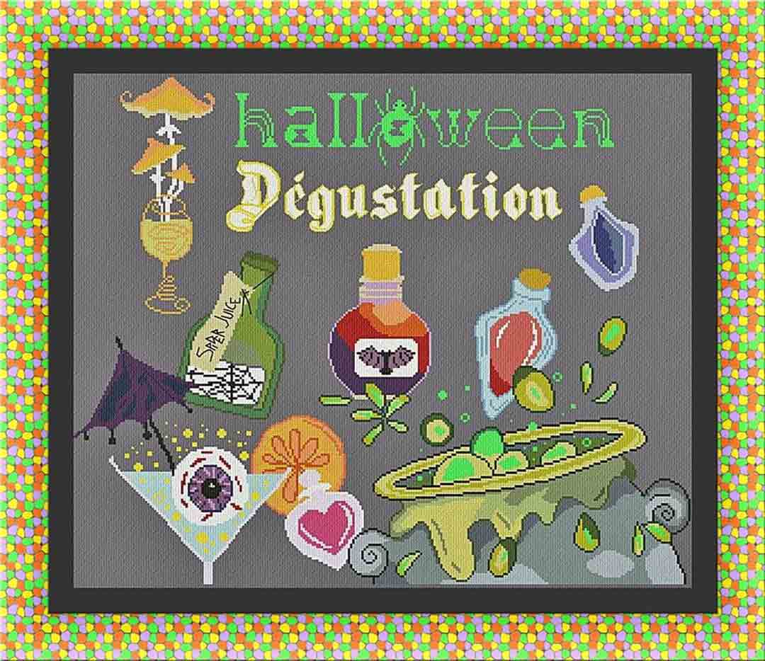 A stitched preview of the counted cross stitch pattern Halloween Degustation by Alessandra Adelaide