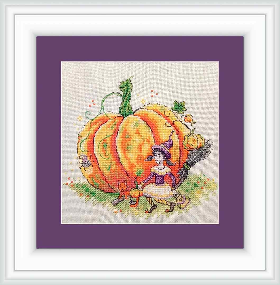 Stitched preview of Halloween Pumpkin and Witch Counted Cross Stitch Kit