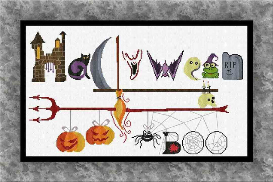 A stitched preview of the counted cross stitch pattern Halloween Sign by Alessandra Adelaide