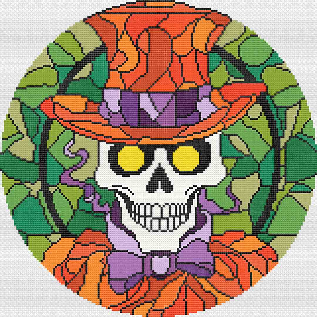 A stitched preview of the counted cross stitch pattern Stained Glass Skeleton by Stitch Wit