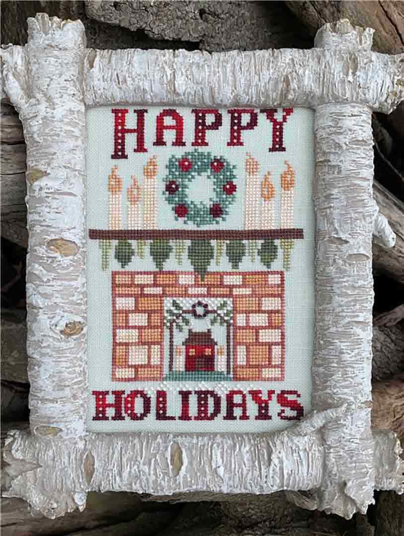 Image of stitched counted cross stitch pattern Happy Holidays Fireplace by Ardith Design