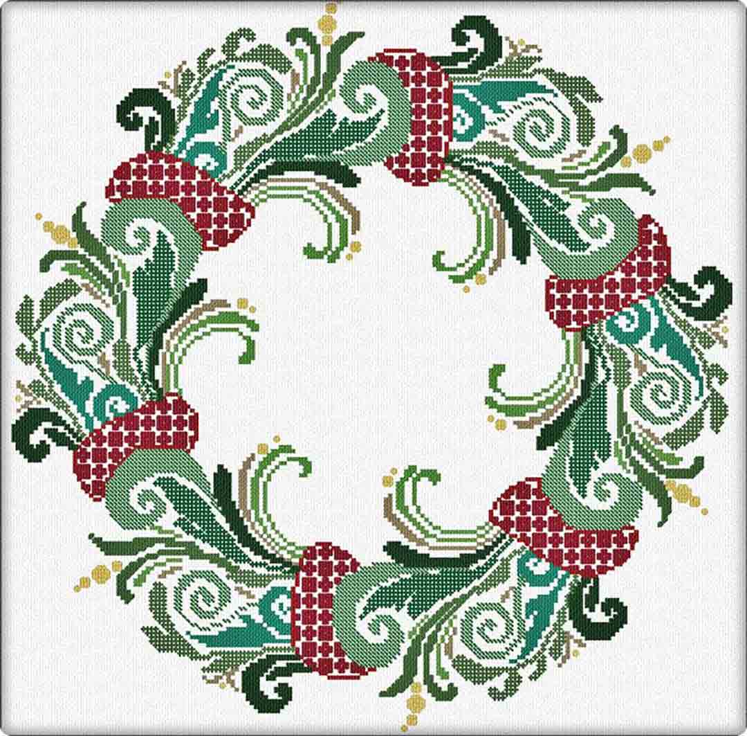 A stitched preview of the counted cross stitch pattern Happy Wreath by Alessandra Adelaide