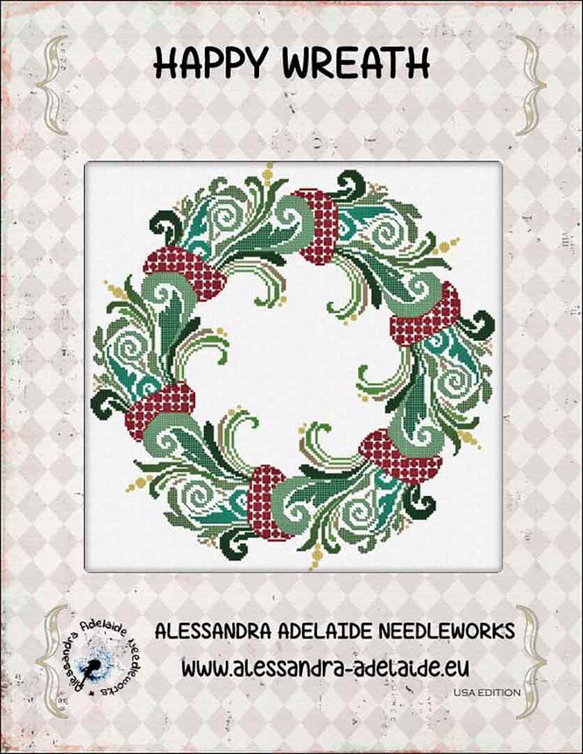 An image of the cover of the counted cross stitch pattern Happy Wreath by Alessandra Adelaide