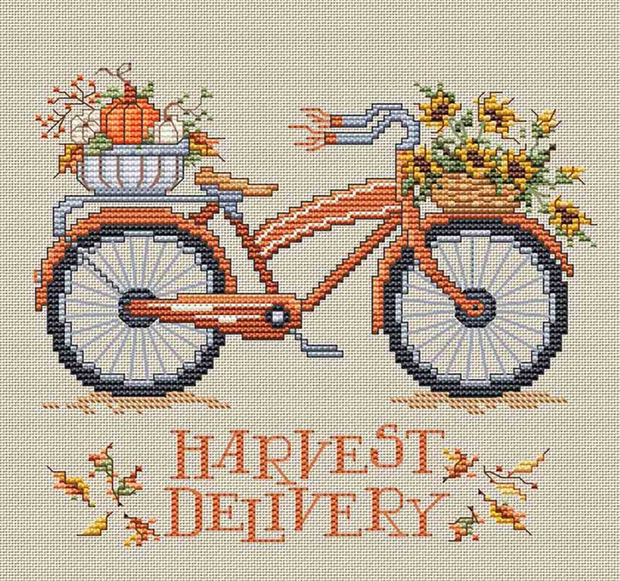 An image of a stitched preview of the counted cross stitch pattern Harvest Delivery by Sue Hillis