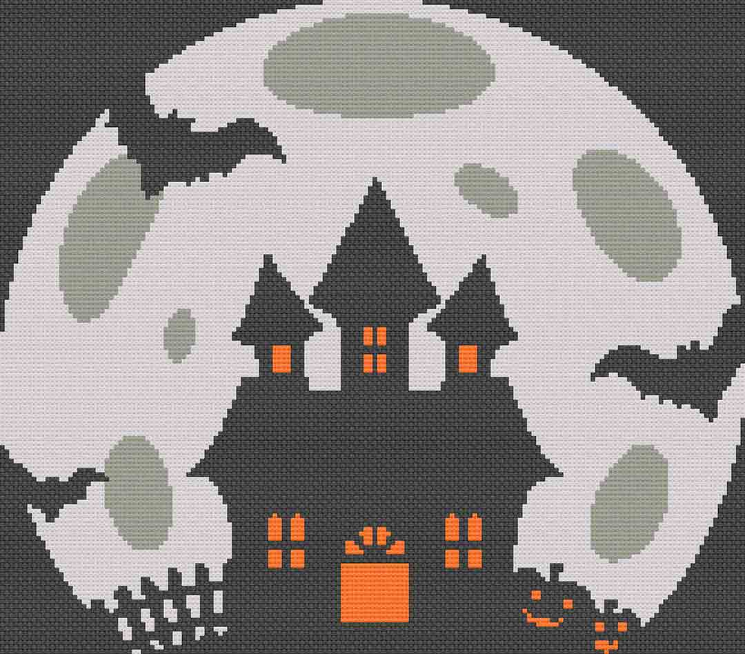 A stitched preview of the counted cross stitch pattern and kit "Haunted Moon" by Stitch Wit