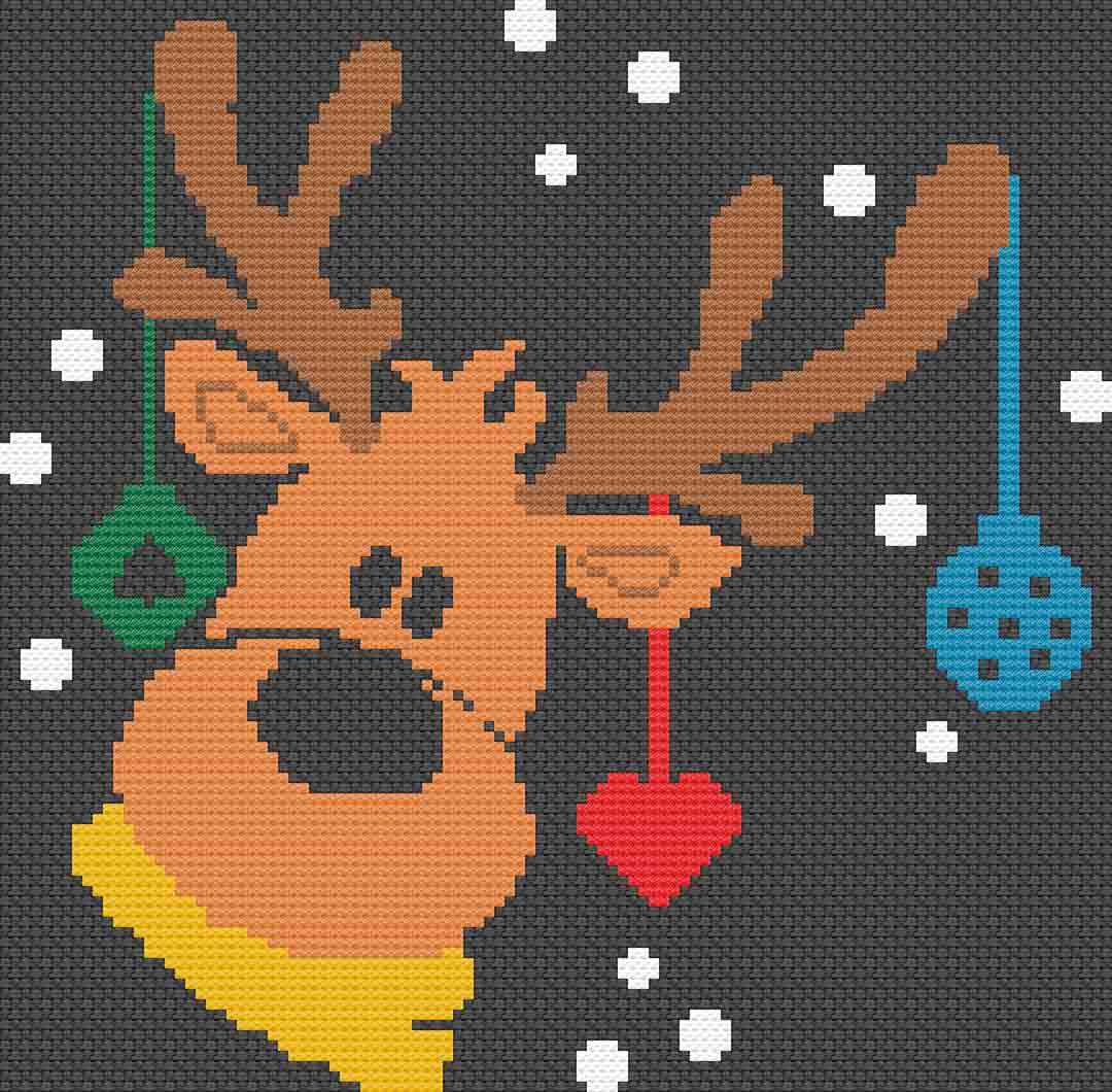 A stitched preview of the free counted cross stitch pattern Hello Reindeer by Stitch Wit