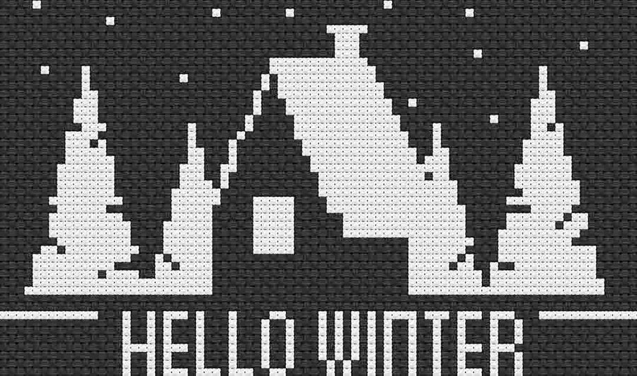 Image of stitched preview of "Hello Winter 2023" a free counted cross stitch pattern by Stitch Wit