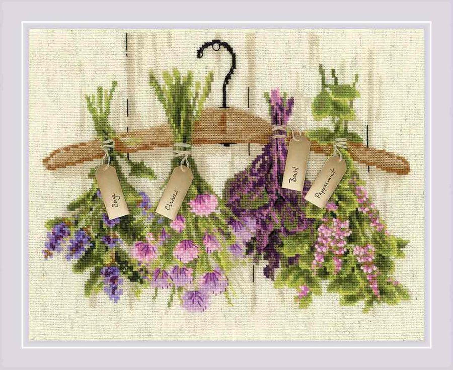 A stitched preview of Herbs Counted Cross Stitch Kit