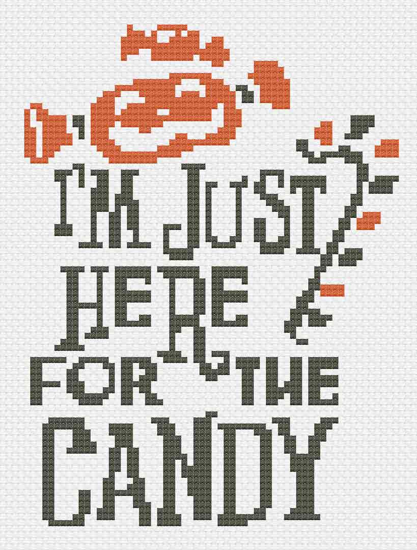 Image of stitched preview of "Here For The Candy" free counted cross stitch pattern by Stitch Wit