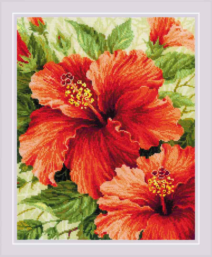 A stitched preview of Hibiscus Counted Cross Stitch Kit