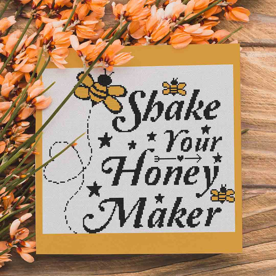 Stitched and completed preview of Honey Maker Counted Cross Stitch Pattern and Kit