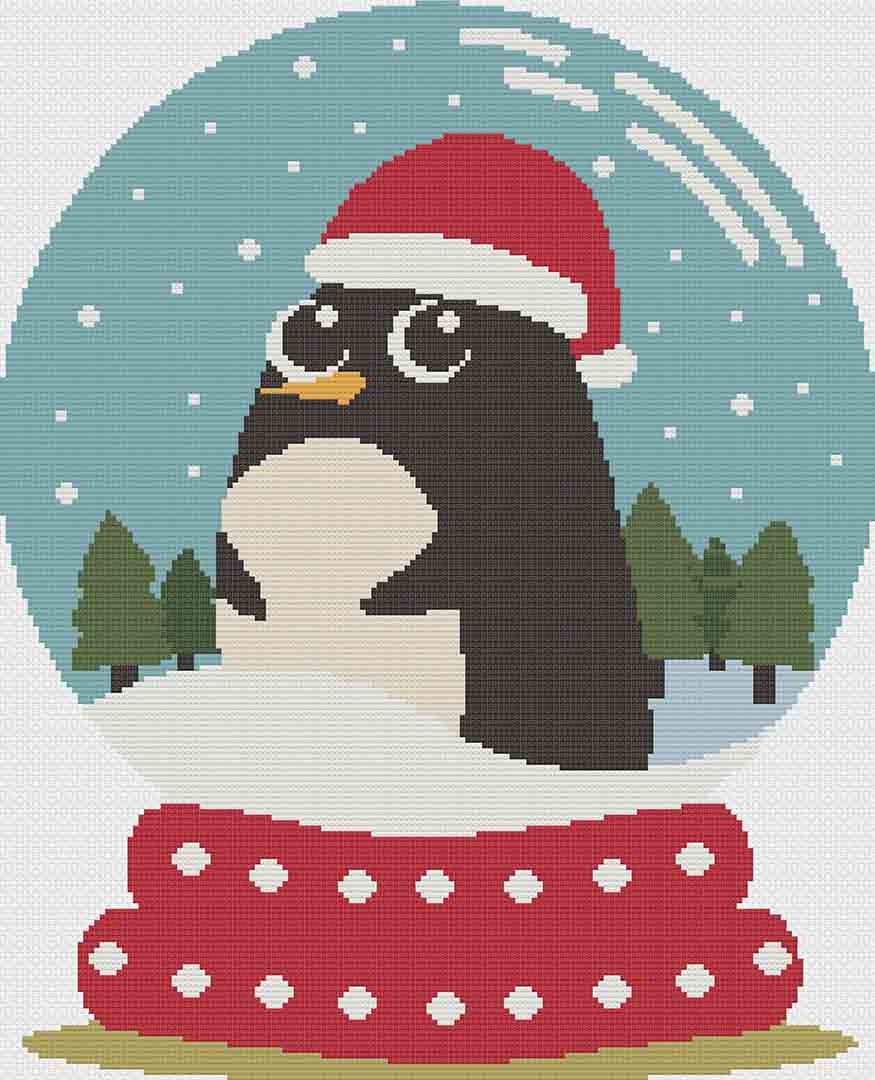 A stitched preview of the counted cross stitch pattern Joyful Penguin: Counted Cross Stitch Pattern and Kit