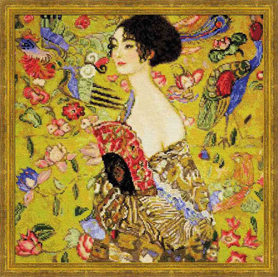 A stitched preview of Lady With A Fan After G. Klimt's Painting Counted Cross Stitch Pattern